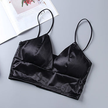 Sexy Satin Crop Tops Women Wireless Bralette Crochet Top Female Spaghetti Strap T-shirt Cropped With Chest Padded Camisole