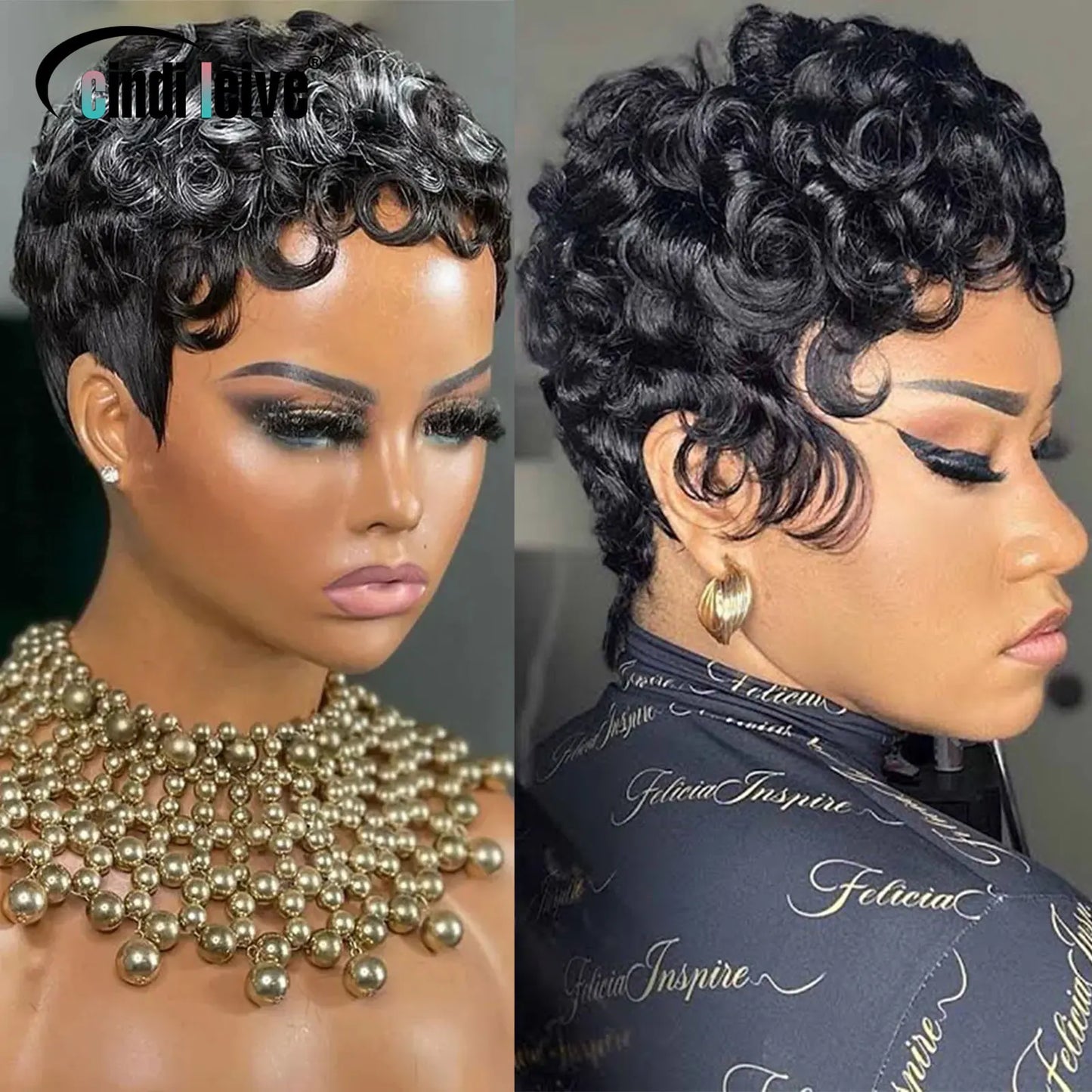 #1B Black Short Curly Pixie Cut Wigs For Women Curly Wig Brazilian Remy Human Hair Short Bob Full Machine Made Wig 150% Density