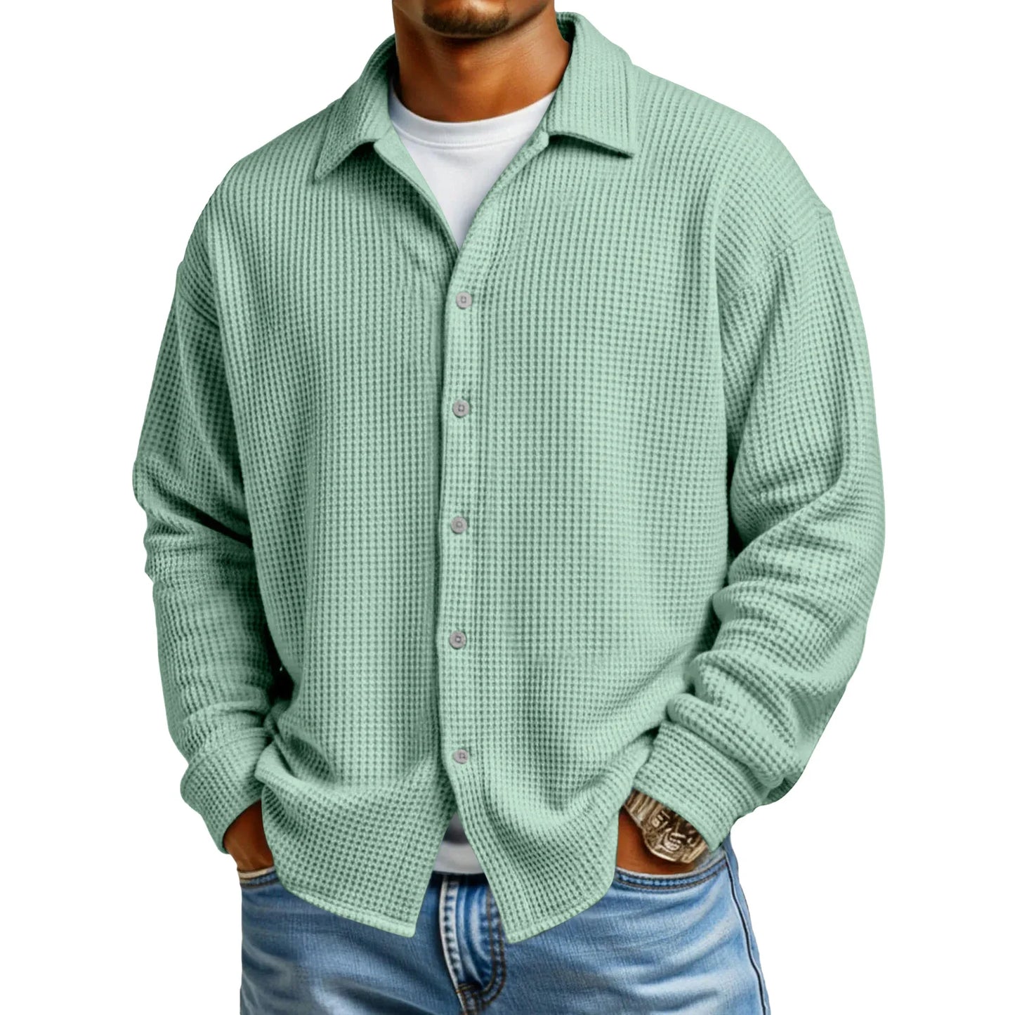 Men Casual Button Down Shirt Long Sleeve Collar Shirt Waffle Texture Loose Fit Fashion Men Top Trendy Outfit Daily Wear