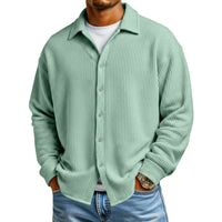 Men Casual Button Down Shirt Long Sleeve Collar Shirt Waffle Texture Loose Fit Fashion Men Top Trendy Outfit Daily Wear