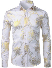 Mens Gold Rose Floral Print Shirts Brand Floral Steampunk Chemise White Long Sleeve Wedding Party Bronzing Camisa Masculina New