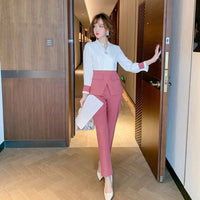 High Quality Designer Autumn Suit Women Pants 2 Piece Set Elegant Office Lady Outfits Hit Color Blouse and Pants Fashion Sets