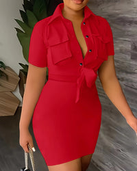 Sexy Women's Dresses 2023 Summer Fashion Solid Color Lapel Short Sleeve Casual Pocket Design