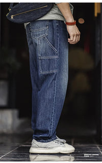 Maden Retro Blue Logging Mens Jeans with Washed Denim Loose Fit Cotton And Non-Elastic Waist Daily Wear Casual Pants