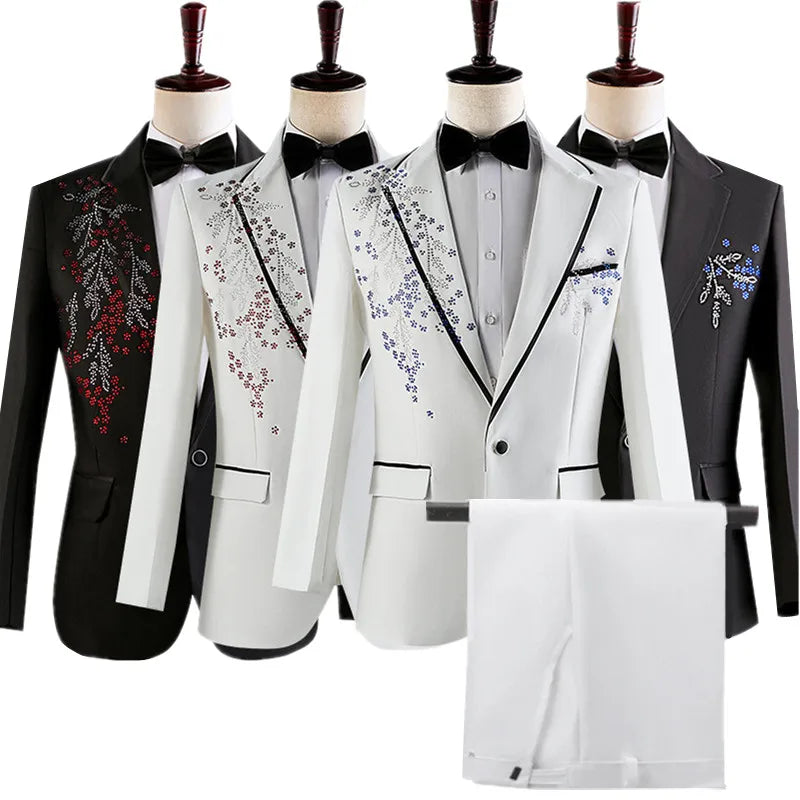 Fashion Men Spliced Suits Black / White Singer Host Stage Performance Luxurious Dress Blazers Jacket and Pants
