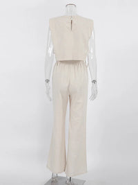 Spring Summer 2025 Women Holiday Linen Pant Set Crop Tops Solid Outfits 2 Two Piece Matching Set For Women
