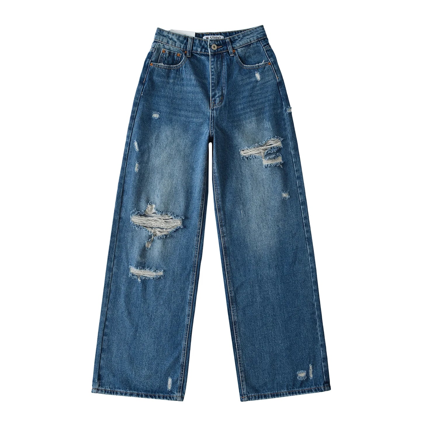 Women's Destroyed Jeans 2025 Spring Summer High Waist Loose Leg Floor-Length Distressed Denim Vintage Daily Staple