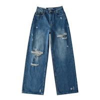 Women's Destroyed Jeans 2025 Spring Summer High Waist Loose Leg Floor-Length Distressed Denim Vintage Daily Staple