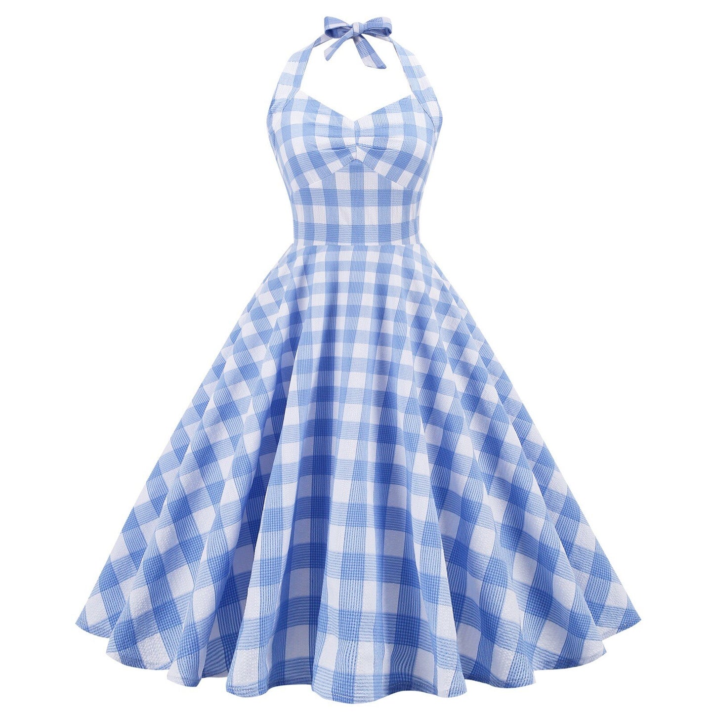 High Waisted Plaid Cocktail Dress Backless Sexy Mid Length Dress Vintage 1950s Hepburn Strapless Swing Retro Halter Dresses