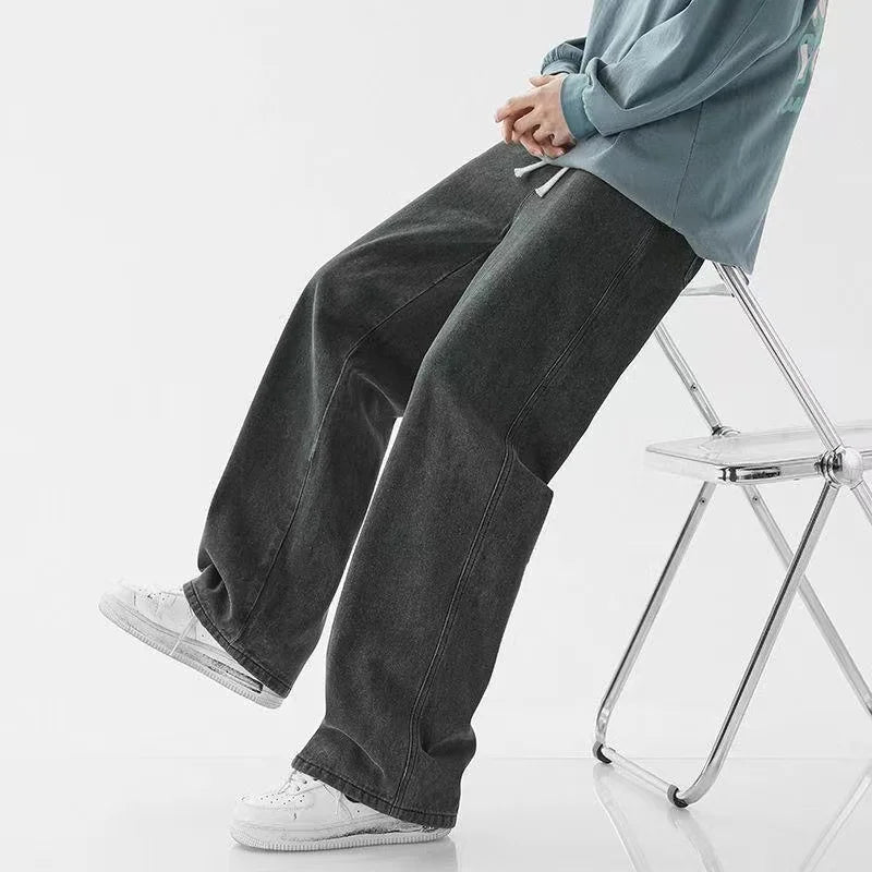 Autumn Korean Fashion Baggy Jeans For Men Classic Drawstring Straight Wide-leg Denim Pants Casual Y2K Vintage Jean Trousers
