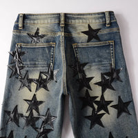 Best Sellers Men's Distressed Streetwear Light Blue Denim Pants Black Stars Patchwork Moustache Holes Ripped Jeans Pants