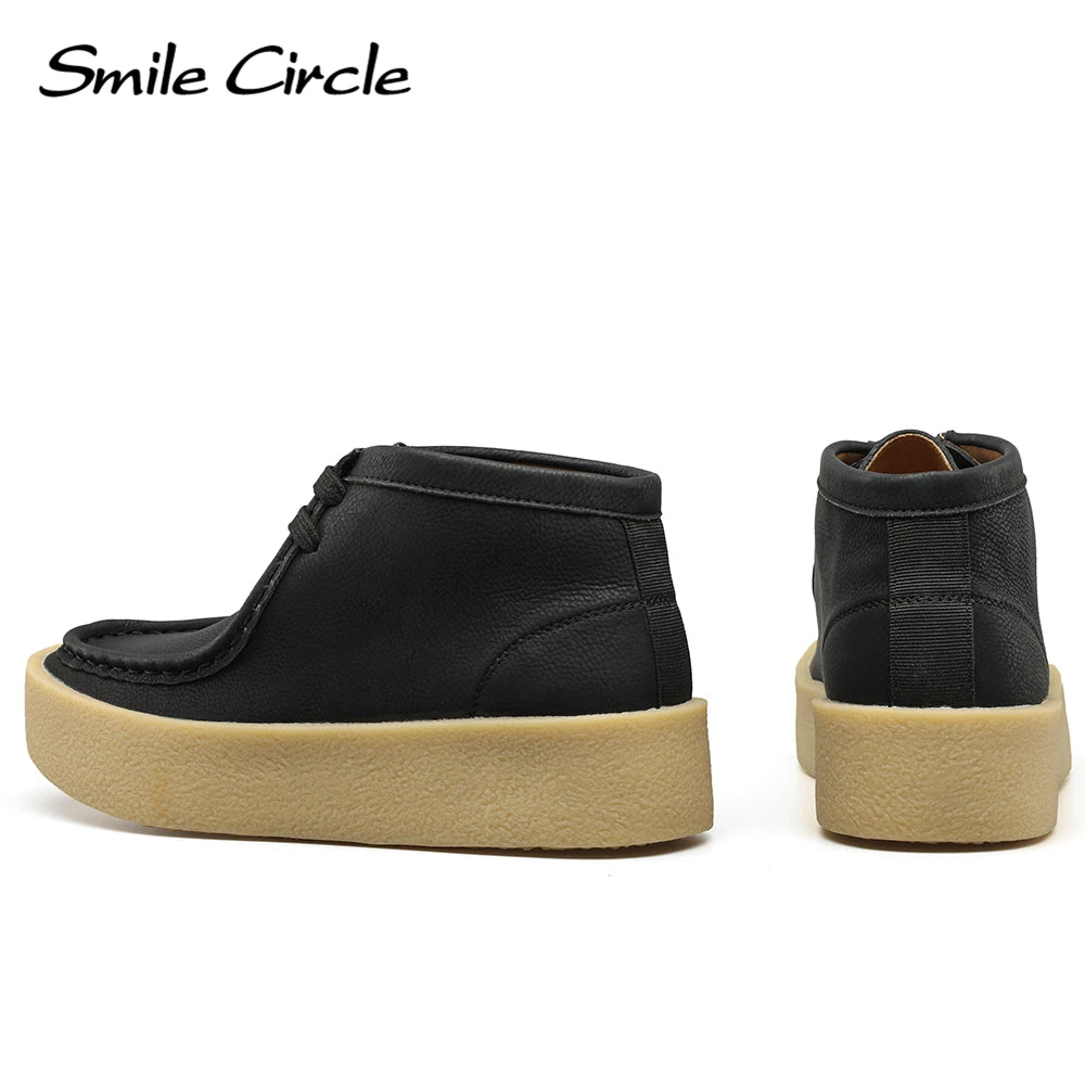 Smile Circle Wallabee Cup Ankle Boots Women Round Toe Lace-up Flat Shoes Genuine Leather Hi-top Casual Shoes