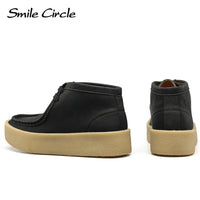 Smile Circle Wallabee Cup Ankle Boots Women Round Toe Lace-up Flat Shoes Genuine Leather Hi-top Casual Shoes