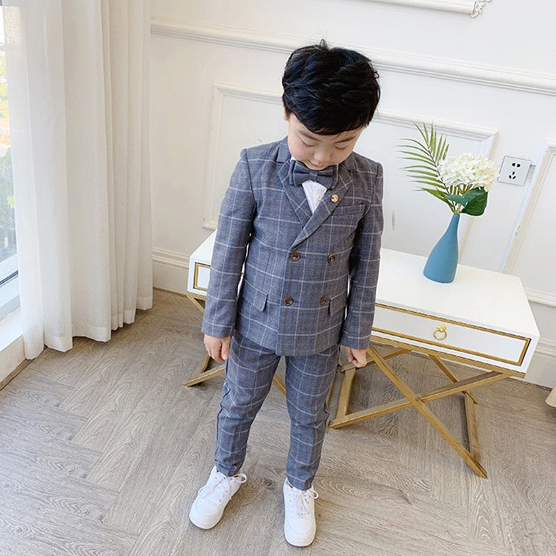 Flower Boys Formal Dress Suit Set Autumn Children Plaid Double Breasted Blazer Pants 2Pcs Clothes Set Kids Wedding Party Costume