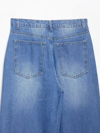 Women Blue Jeans Knee Ripped Retro Rosted Versatile Pant High Waist Wide Leg Denim Jeans Basic Denim Loose Long Pants