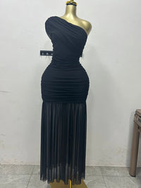 Stylish Evening Sexy Club Party Holiday Maxi Dress for Women Elegant Skew Neck One Sleeve Off Shoulder Mesh Slit Long Dresses