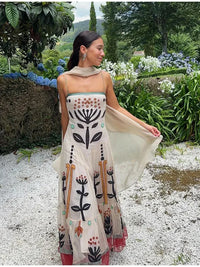 Elegant Ruffles Spliced Print Women Beach Dress Sexy Off Shoulder Backless Sleeveless Vestidos 2024 Chic Loose Vacation Dresses