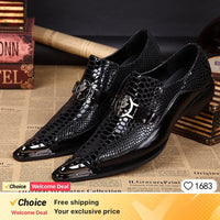 Italian Style Gentleman Dress Shoes Men black Metal Pointed Toe Snake Grain Genuine Leather Shoes Business Party Shoes Men Flat
