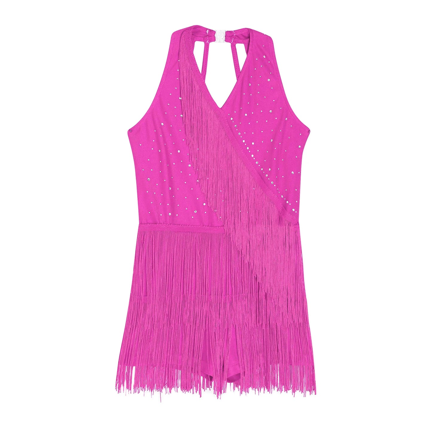 Kids Girls Latin Dance Cha-cha Samba Salsa Costume Rhinestones Fringe Leotard Dress Sleeveless Strappy Back Tassel Jumpsuit