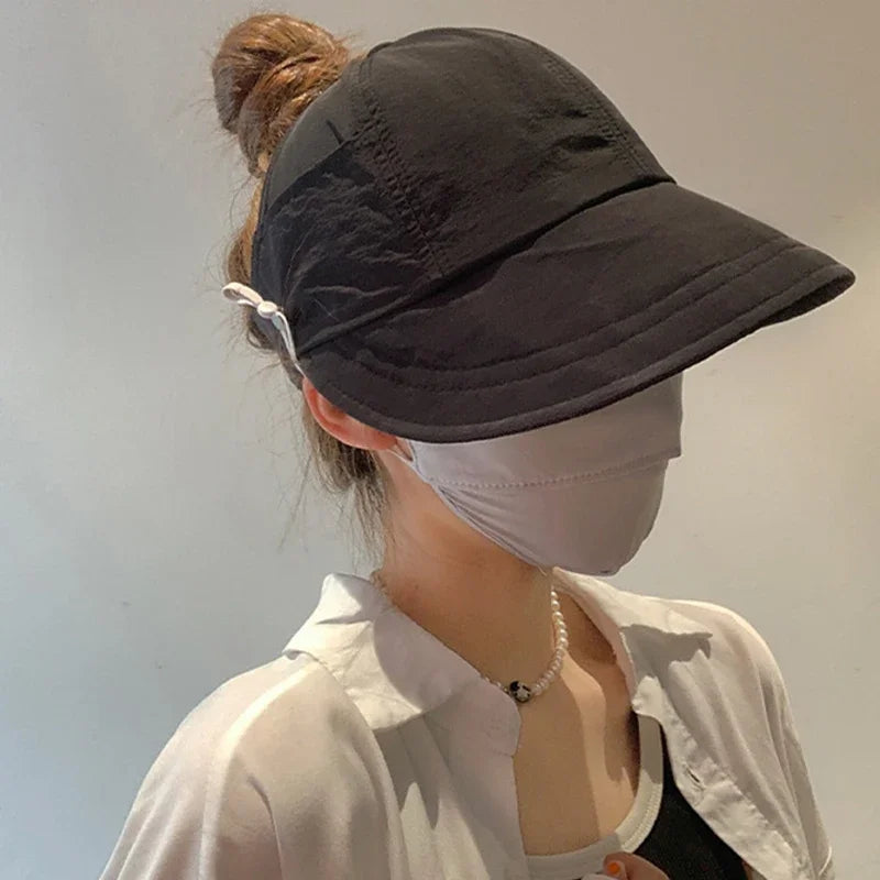1× Foldable Wide Brim Ponytail Sun Hat Summer Autumn Outgoing UV Protection Bucket Hat for Women Fisherman Caps with Mask Button