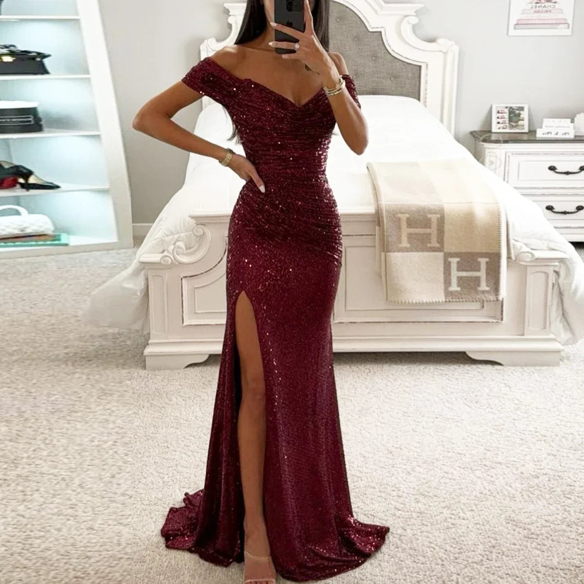 New Women Vintage Sequined V Neck Off Shoulder Slim Sexy Split Long Dress Evening Party Maxi Dresses Party Sequin Dress