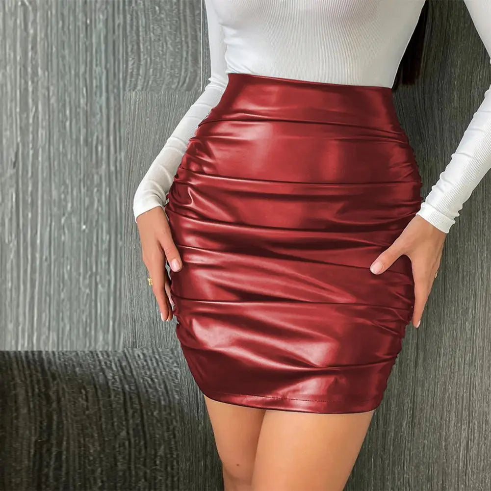 High Waist Skirt Skirt Clubwear Party Mini Skirt High Waist Faux Leather Sheath with Pleated Zipper Smooth Breathable for Women