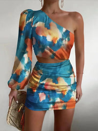 Fashionable Printed Summer New Sexy Slant Neck Single Shoulder Sleeve Off Shoulder Top Off Waist Women's Casual Short Dress