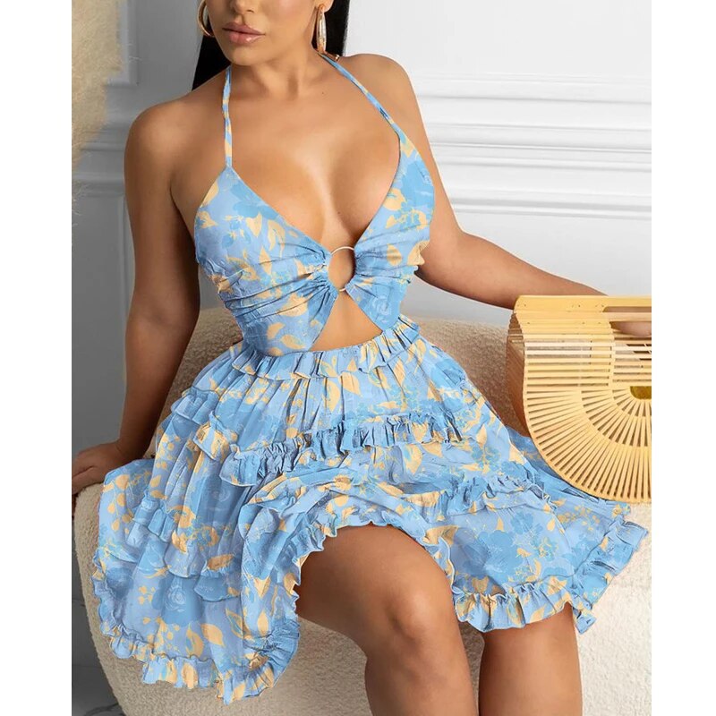 Fashion Women Sexy Backless Halter Floral Print Mini Dress Beach Dresses O-ring Cut-out Backless Frill Hem Summer Short Dresses