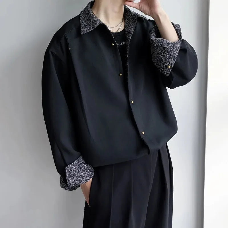 Men's Black Button Oversized Shirt Jacket Long Sleeve Shirt Contrast Collar Cuffs Loose Fit Versatile Casual Button-Down Top