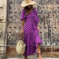 Puff Sleeve Boho Maxi Dress Elegant Women Summer 2022 Casual Floral Drawstring V-Neck Loose Holiday Beach Dresses Party Vestidos