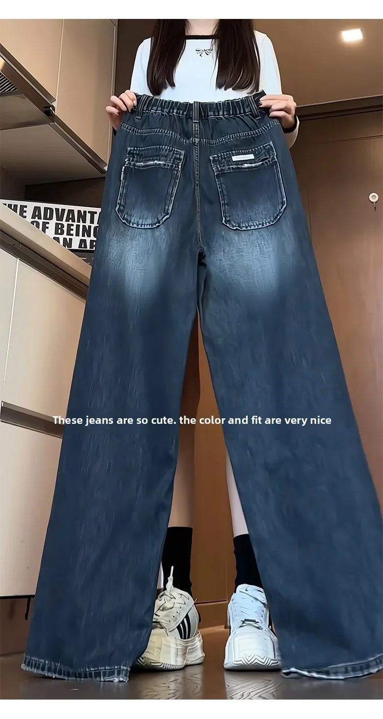Jeans women's loose straight spring and autumn 2025 new large size American casual retro all-match wide-leg trousers trend