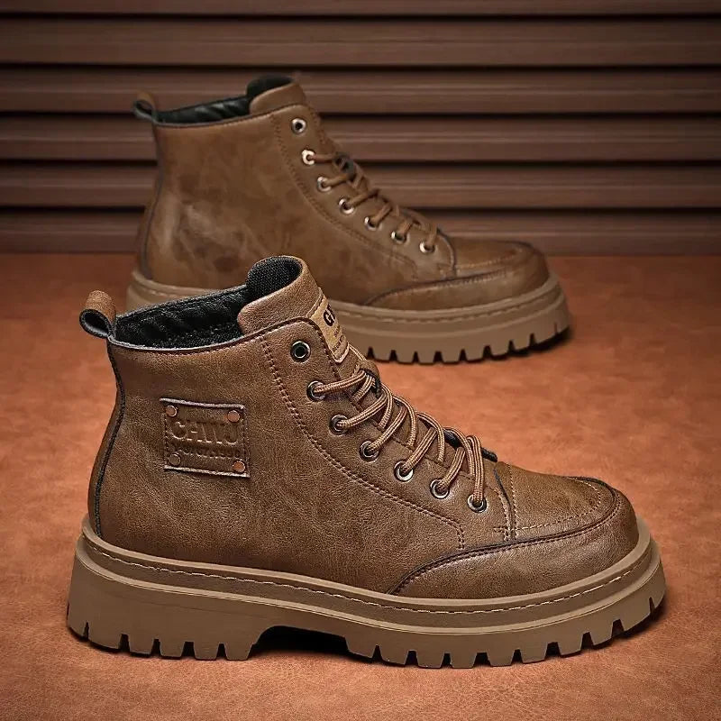 Men Boots Autumn Leather Waterproof Mid-top Sports Shoes New Fashion Ankle Boots Casual Outdoor Hiking Boots Shoes Male Sneakers