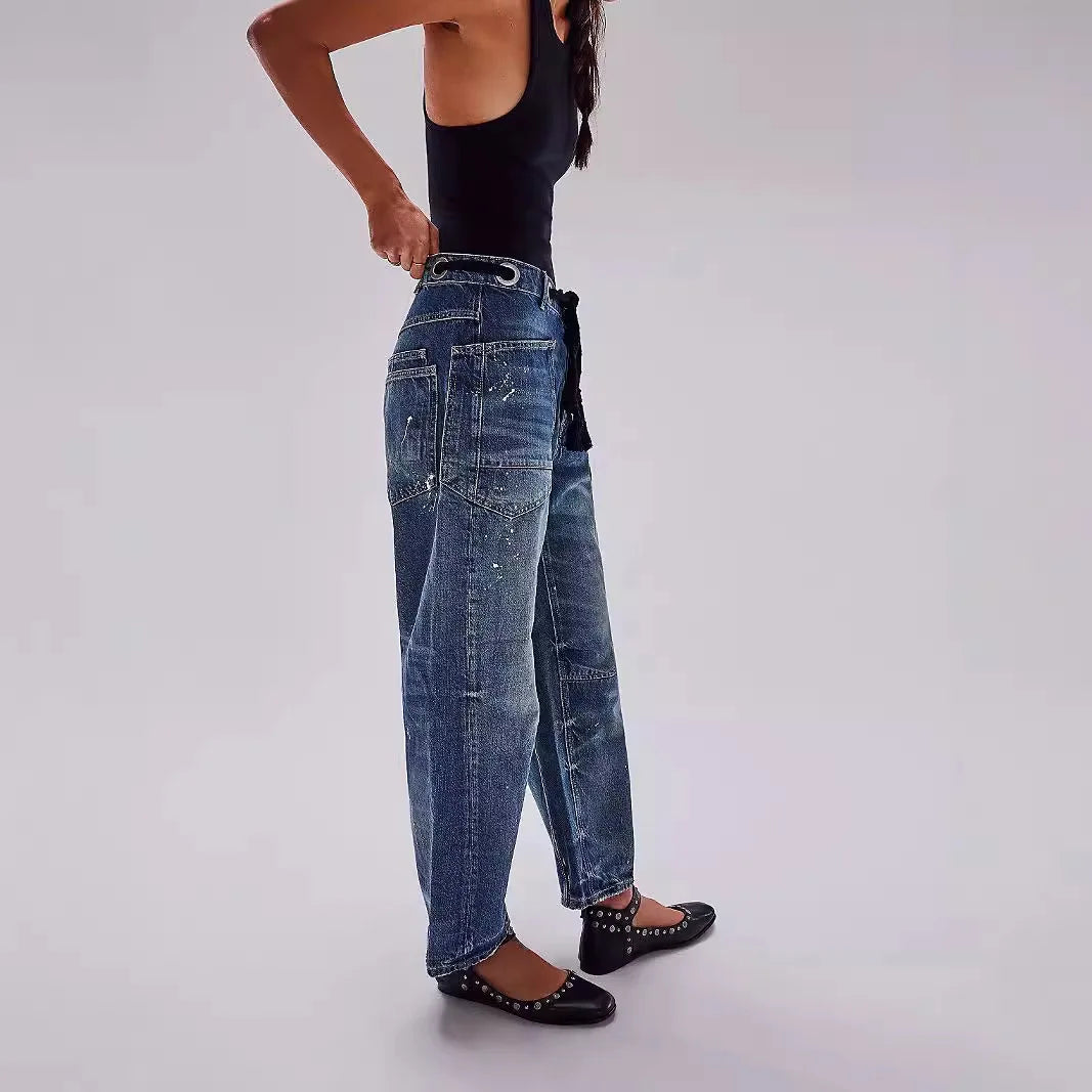 Jeans Women Denim Pants Straight Trousers Drawstring Long Pant Casual Loose Y2k Streetwear Button Pocket Splice Mom Jeans 2025