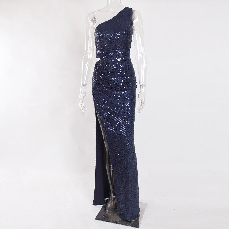 One Shoulder Silver Navy Stretchy Party Dress Sequin Hollow Out Split Leg Floor Length Bydocon Long Dresses