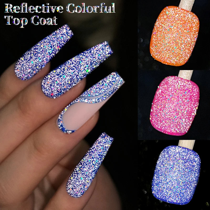 LILYCUTE 7ml Laser Reflective Glitter Top Coat Gel Nail Polish Semi Permanent Shiny Sequins UV LED Varnish Nail Art Decoration