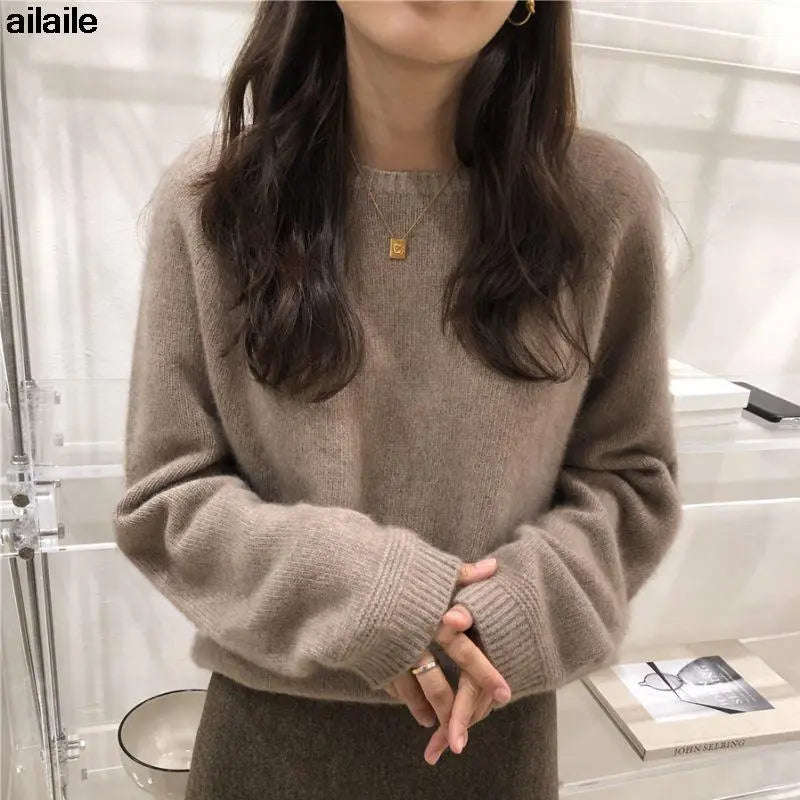 Ailaile Knit Sweater Women Long Sleeve Loose Wool Pullover Round O Neck Outer Jumper Autumn Winter Thick All Match Basic Tops