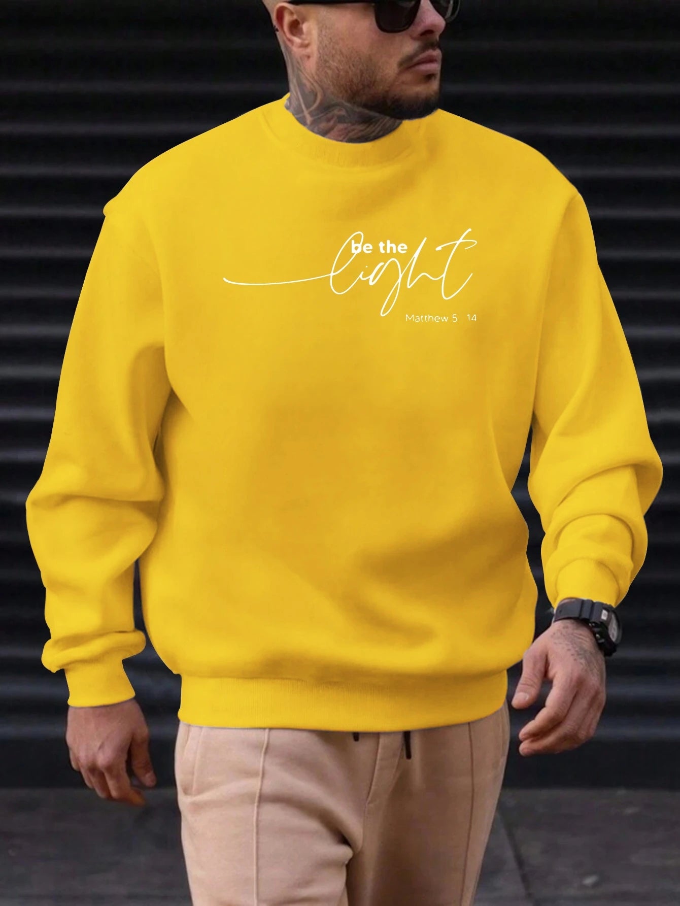 Men's Sweatshirt 2025 New Arrival Minimalist Cozy Relaxed Fit Elegant Calligraphy “Be the Light” Matthew 5:14 Quote Top