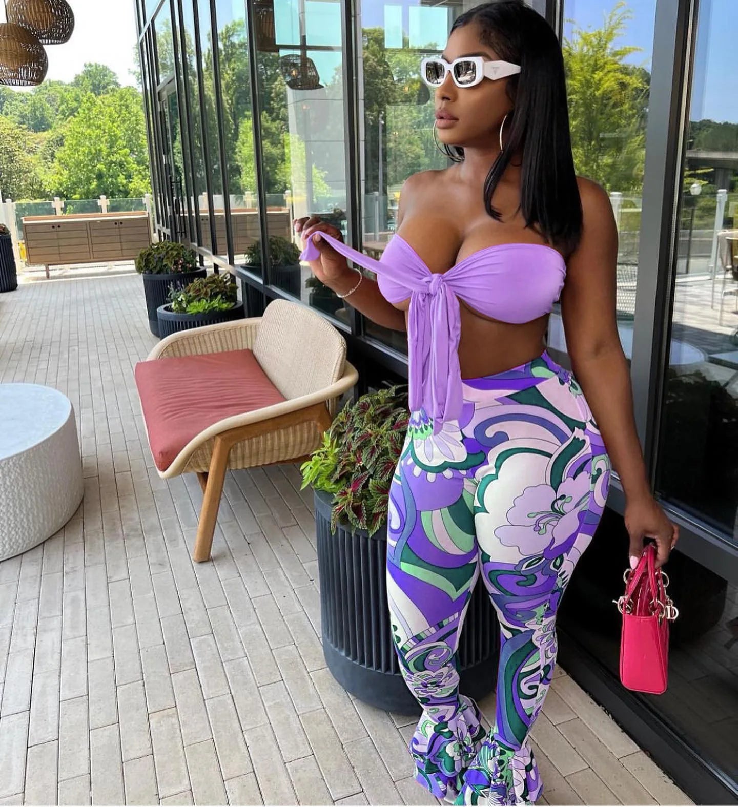 Bandage Two Piece Set Women Outfits Sexy Lace Up Tube Crop Top + Prints Flare Pants Skinny Club Sets Summer Casual Tracksuit y2k