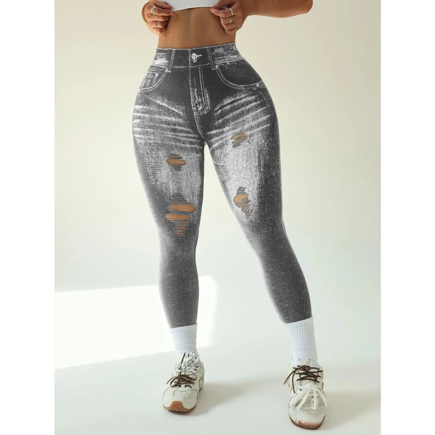 Women's Gym Printed Yoga Tight Pants Seamless High Waist Perforated Fake Pocket Tight Pants Yoga Fitness Pants