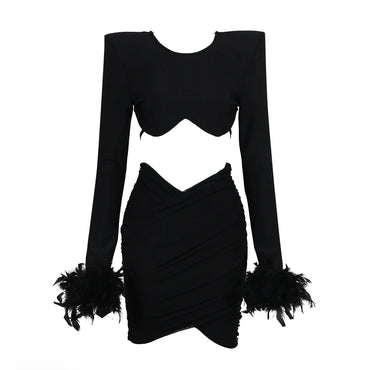 Black White New Winter Women Long Sleeve Feathers Sexy Waist Hollow Out Bodycon Mini Dress Rayon Bandage Fashion Nightclub Wear