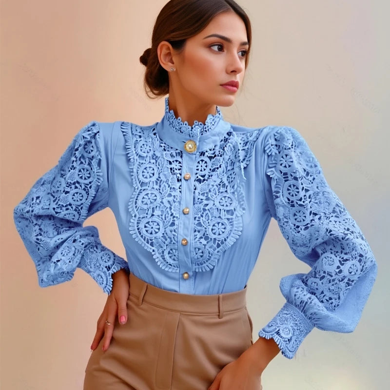 Shirt Women Blusas Mujer De Moda Office Lady Flower Blouse Spring Hollow Out Lace  Stand Collar Button Female Clothing 12419