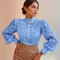 Shirt Women Blusas Mujer De Moda Office Lady Flower Blouse Spring Hollow Out Lace  Stand Collar Button Female Clothing 12419