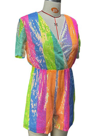 Shiny Rainbow Stripe Sequin Rompers Women Sequins Jumpsuit Sexy Paillette Spot Rompers V-neck Shorts