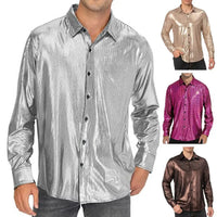 2025 Shirt Men Button Metallic Disco Shirt 70s Costume Men Gold Shirts For 70s Party Nightclub Wear Music Festival Men's Top