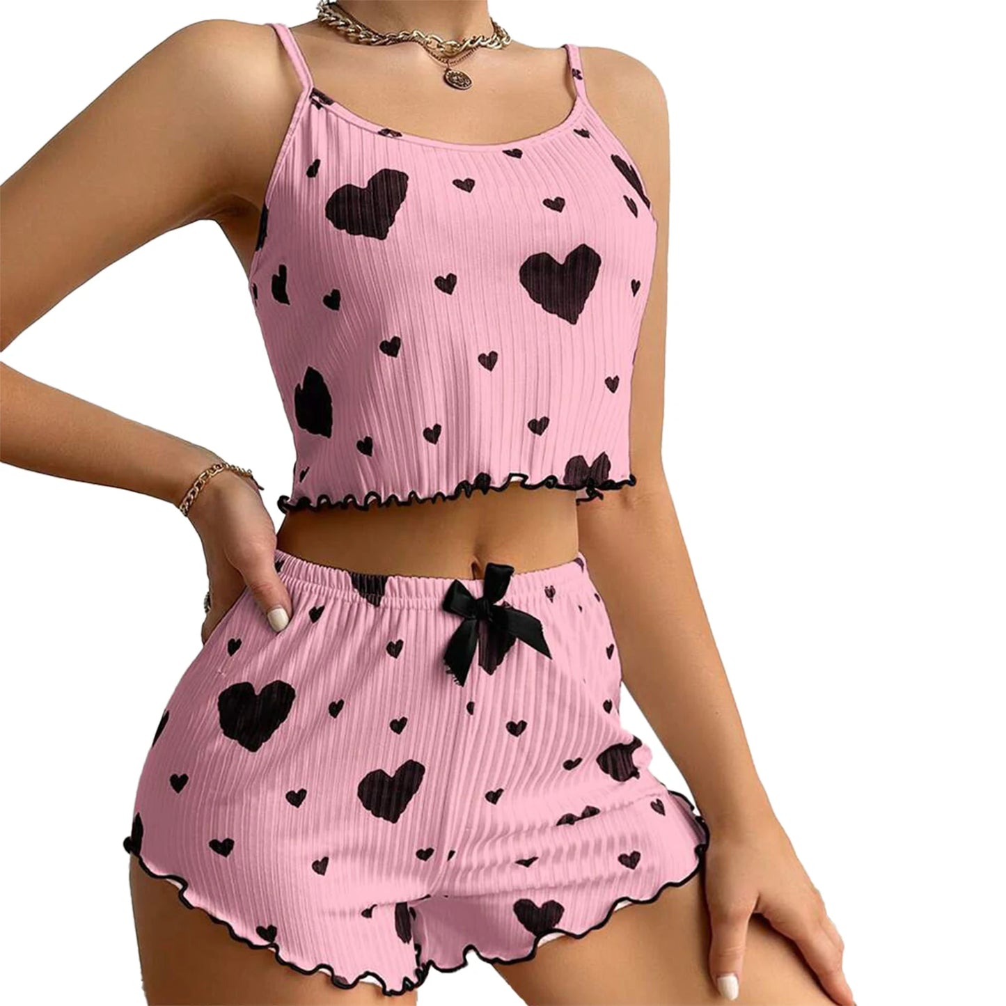 Women's Pajamas Set Summer 2PCS Sling Vest with Shorts 2026 Newly Love Heart Print Spaghetti Strap Camisole Sleepwear for Girls