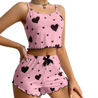 Women's Pajamas Set Summer 2PCS Sling Vest with Shorts 2026 Newly Love Heart Print Spaghetti Strap Camisole Sleepwear for Girls