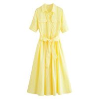 HH Women Fashion Lapel Short Sleeve Pocket Single-Breasted Belt Decorate Midi Dress Female Summer Elegant Slim Pleated Dress
