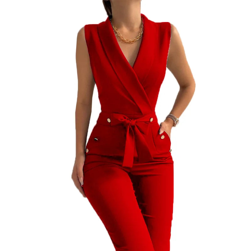 Women Jumpsuits Pants Sleevless V-neck Buttons Pocket Slim Elegant Bodysuits Rompers Outfits Trousers Causal Ladies Overalls