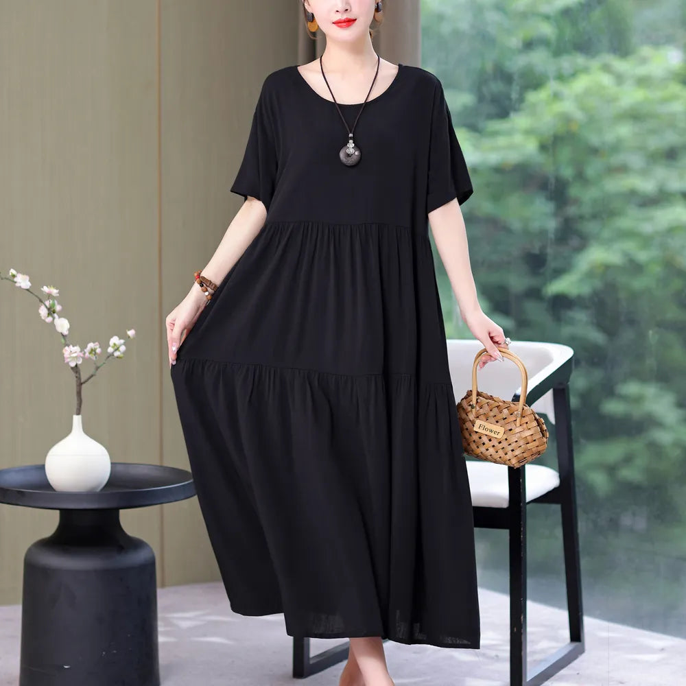 New Fashion 2023 Causal Summer Dresses For Women Loose Solid Long O-neck Dress Vintage Short Sleeve Womens Clothing