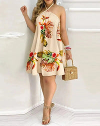 Elegant Women's Sexy Dresses Flower 2023 Summer Beach Holiday Lady Sleeveless Hanging Neck Off Shoulder Print Dress